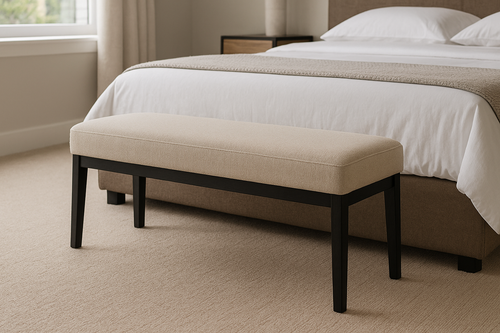 Banco Estofado Tecido Bege Pés Pretos 100cm